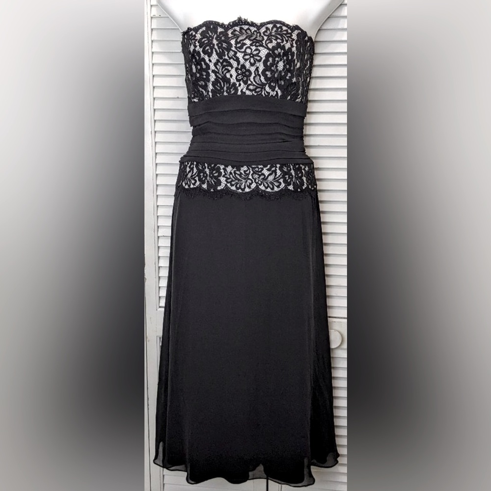 Vtg Lillie Rubin by Tadashi Strapless Black Lace/Silk Chiffon Gown Mini Train B2